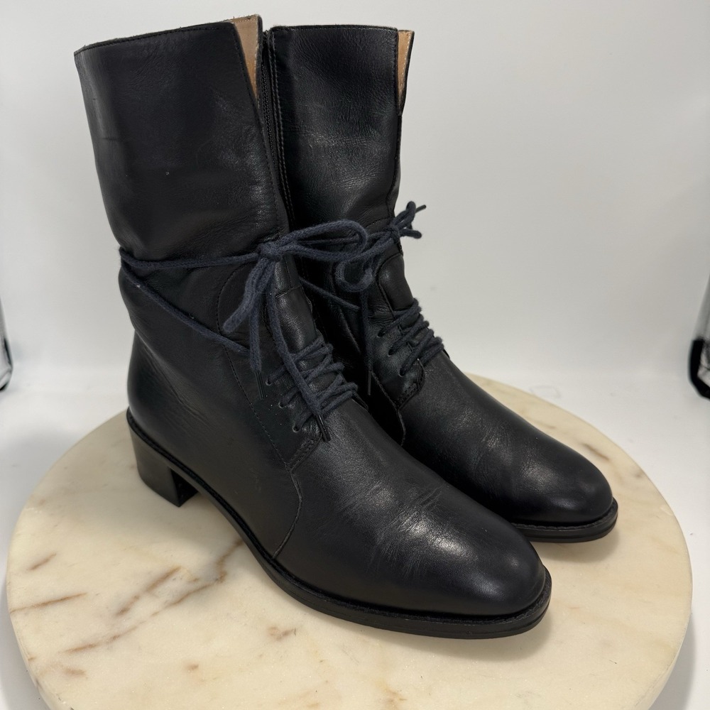 Vintage Ipanema Black Leather Wrap Lace Boots Side Zip Victorian Grannycore 6.5M